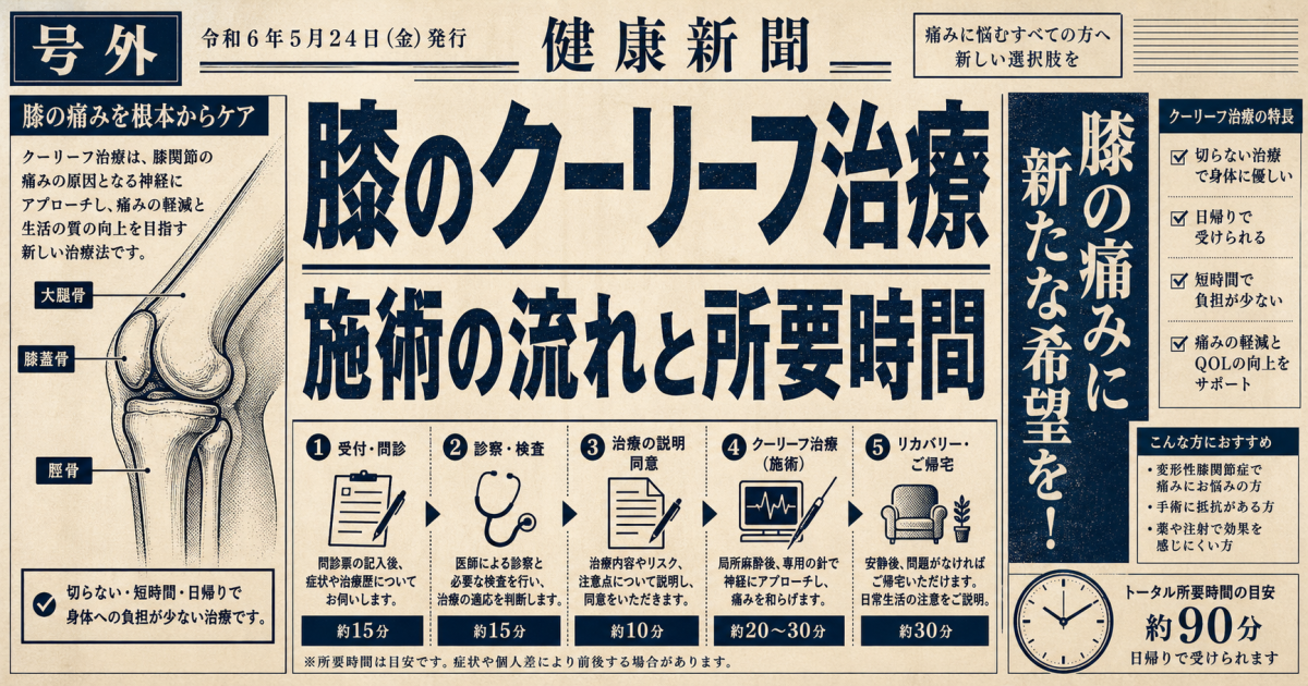 膝のクーリーフ治療!施術の流れと所要時間・当日の運転可否を解説